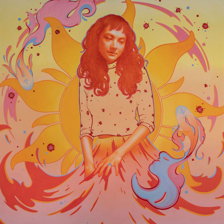 A painting of a girl on a yellow background with rays of colorful light.