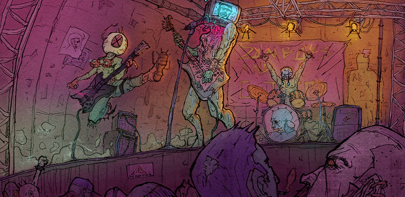 A colorful illustration of a band on a stage.