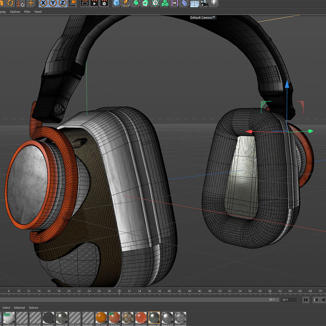 A graphic of two black, red, and grey headphones.