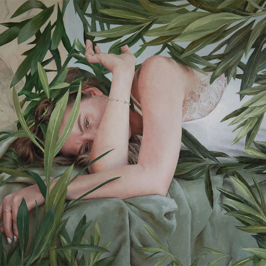 A painting of a woman lying behind tree branches.