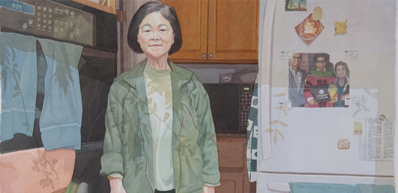 A painting of a woman with short black hair standing in a kitchen.