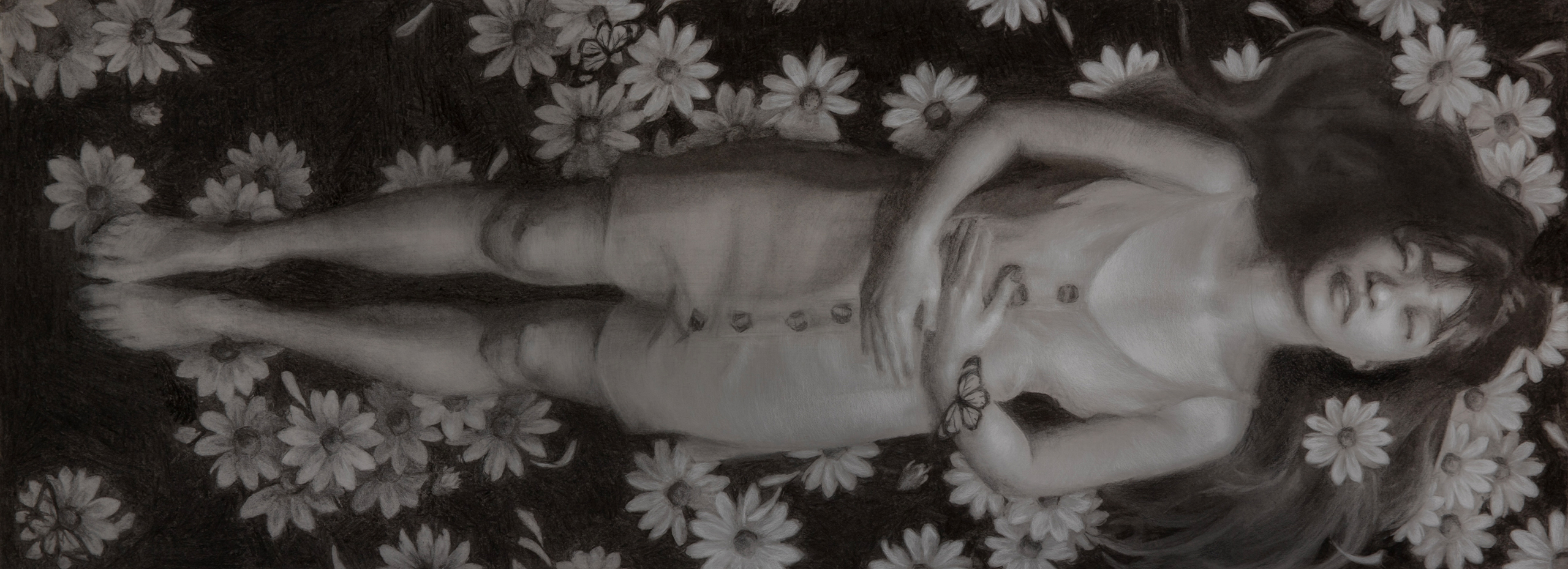 A drawing of a woman lying in a bed of flowers.