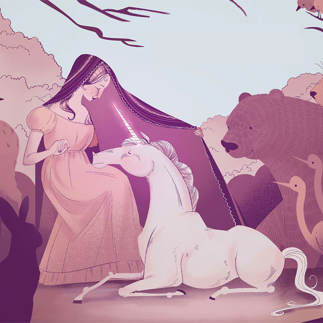 An illustration of a girl and a unicorn.