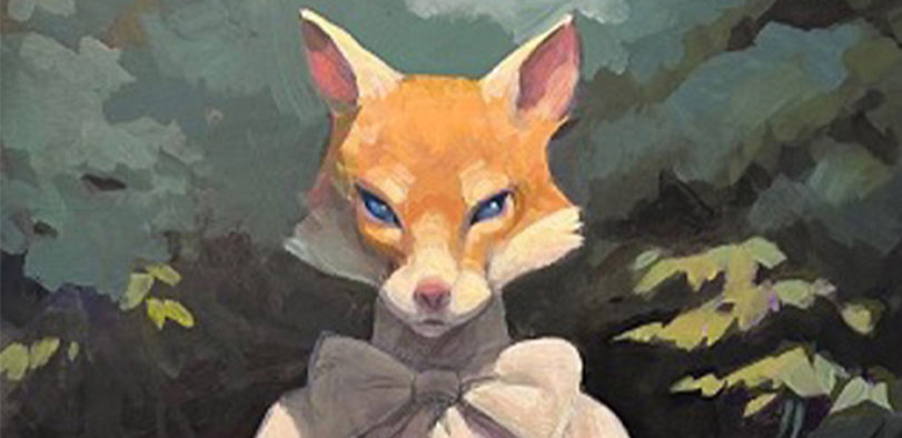 A painting of a fox in a blouse.