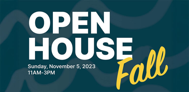 A blue and yellow graphic with Open House on it.