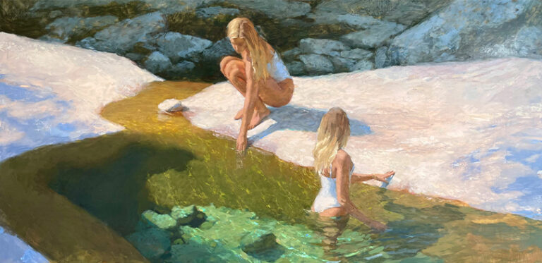 A painting of two people at the beach.