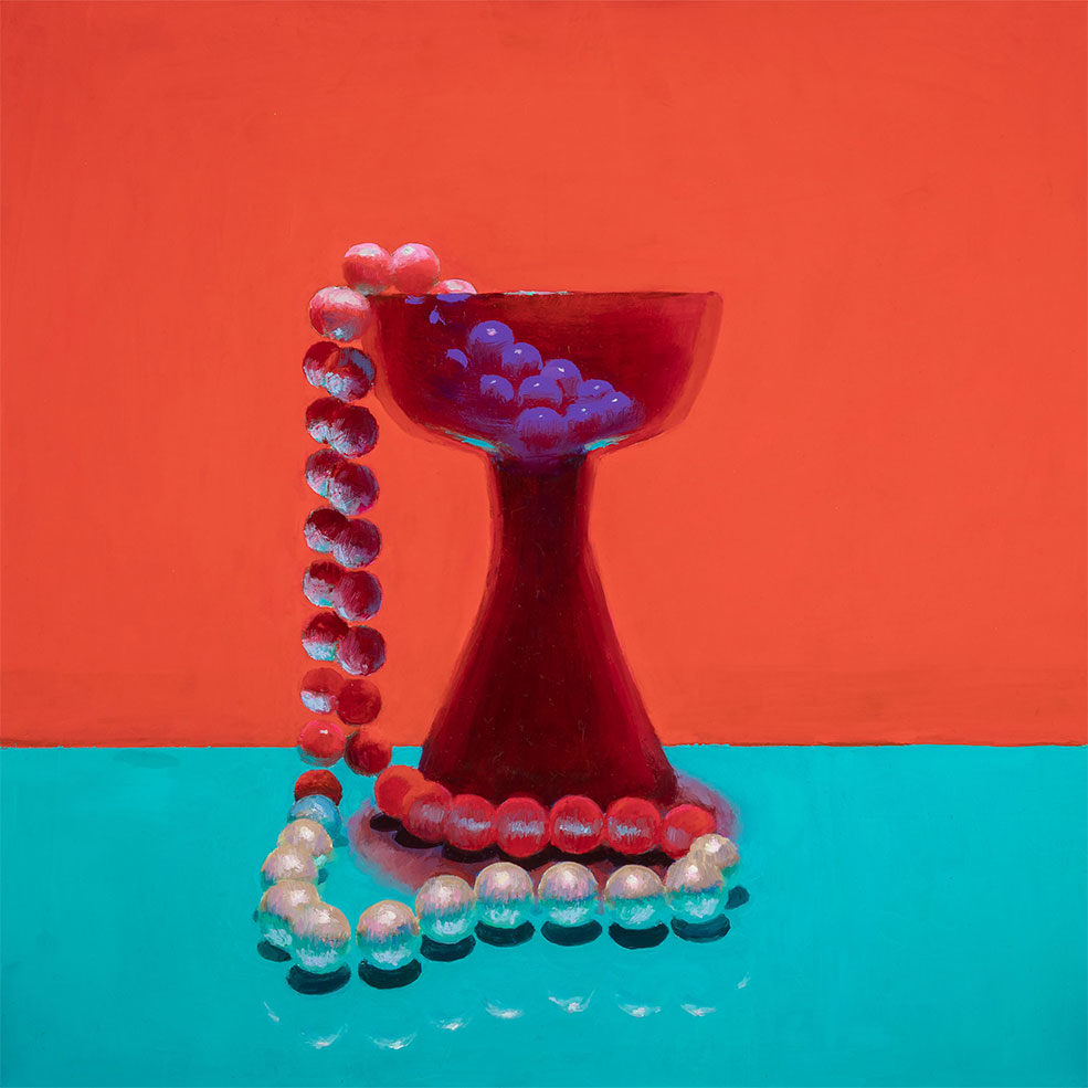 A painting of a vase with a string of pearls in it.