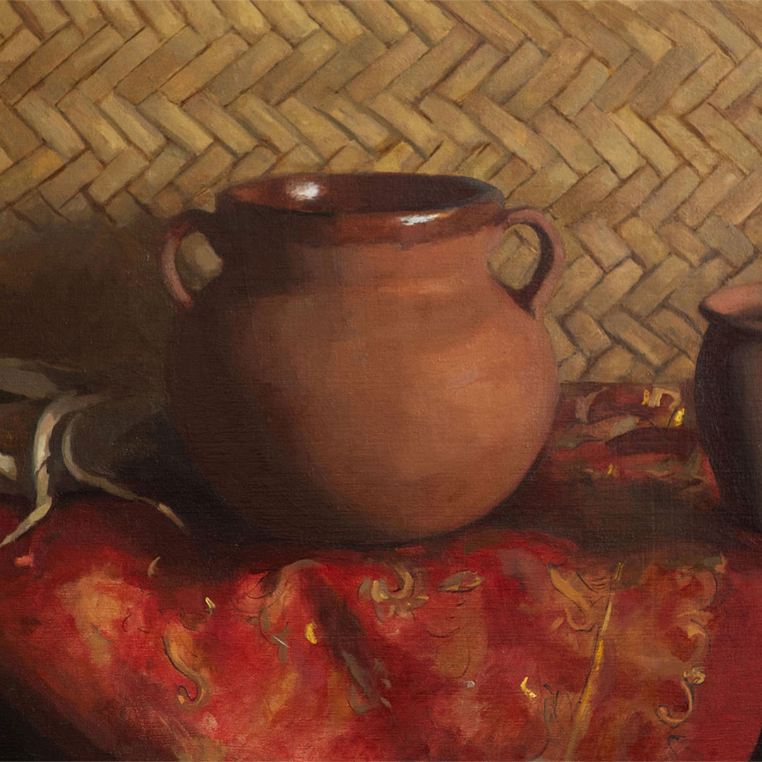 A painting of two clay pots and a ear of corn on a red cloth.