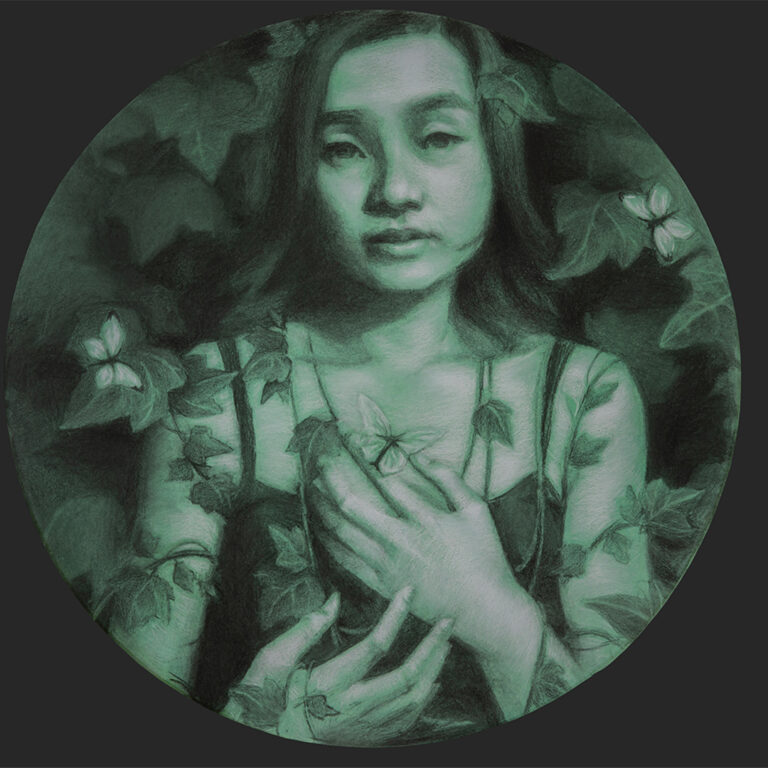 A drawing of a woman in a circle with a green hue.
