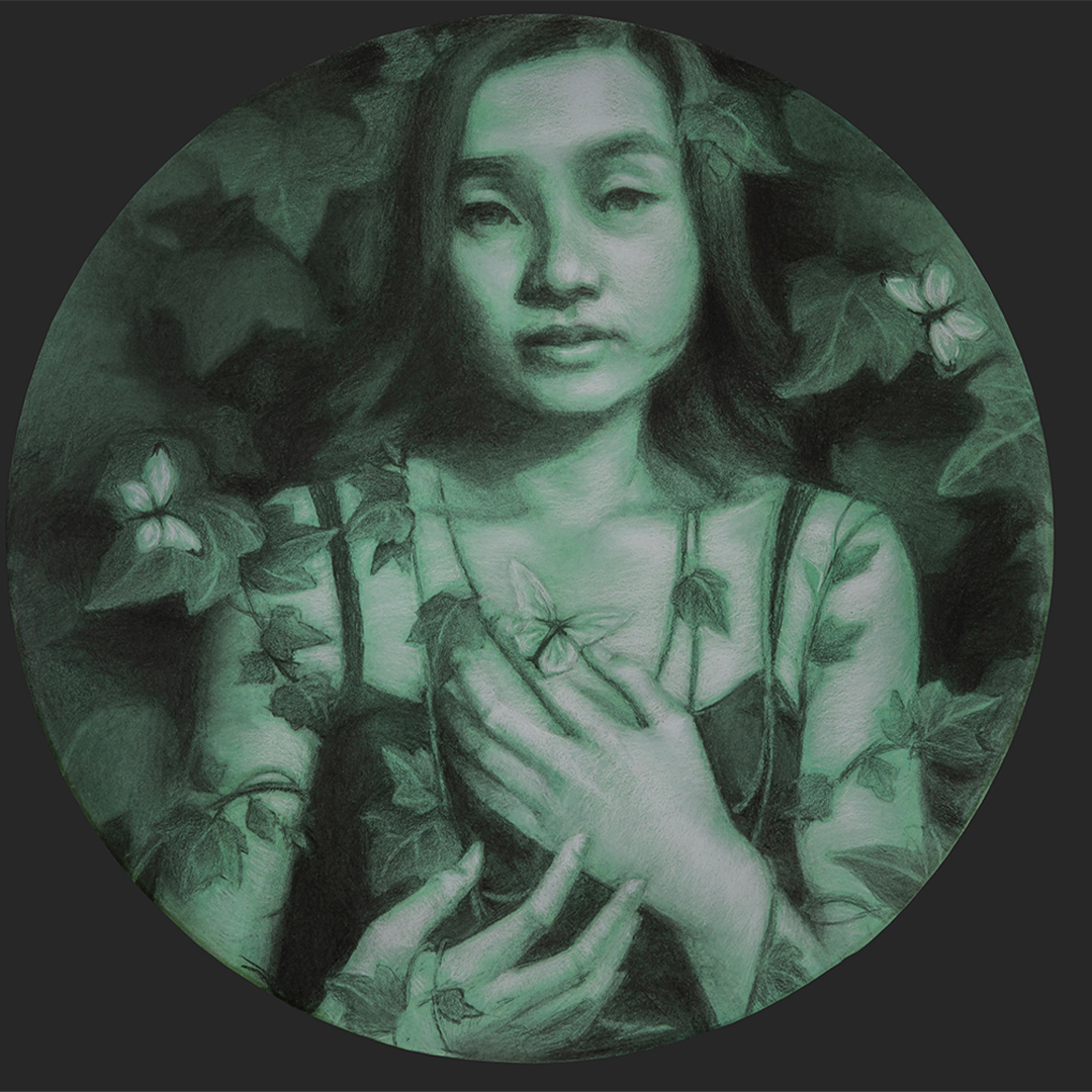 A drawing of a woman in a circle with a green hue.