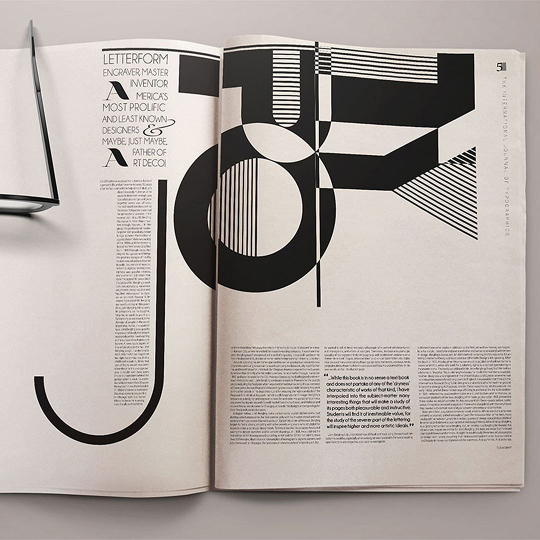 A photo of three panels, each with black and white magazine spreads with graphics on them.