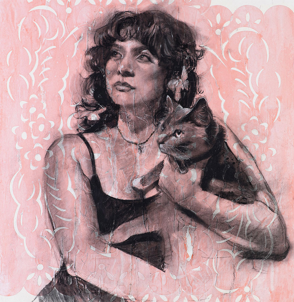 A drawing of a woman with dark hair holding a black cat.