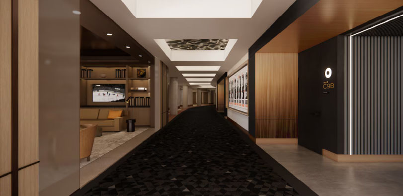 A digital rendering of a lobby for the Honda Center.