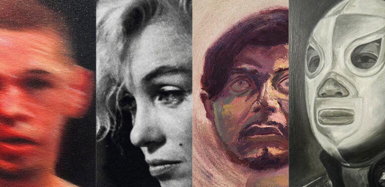 A collage of several different paintings of faces.