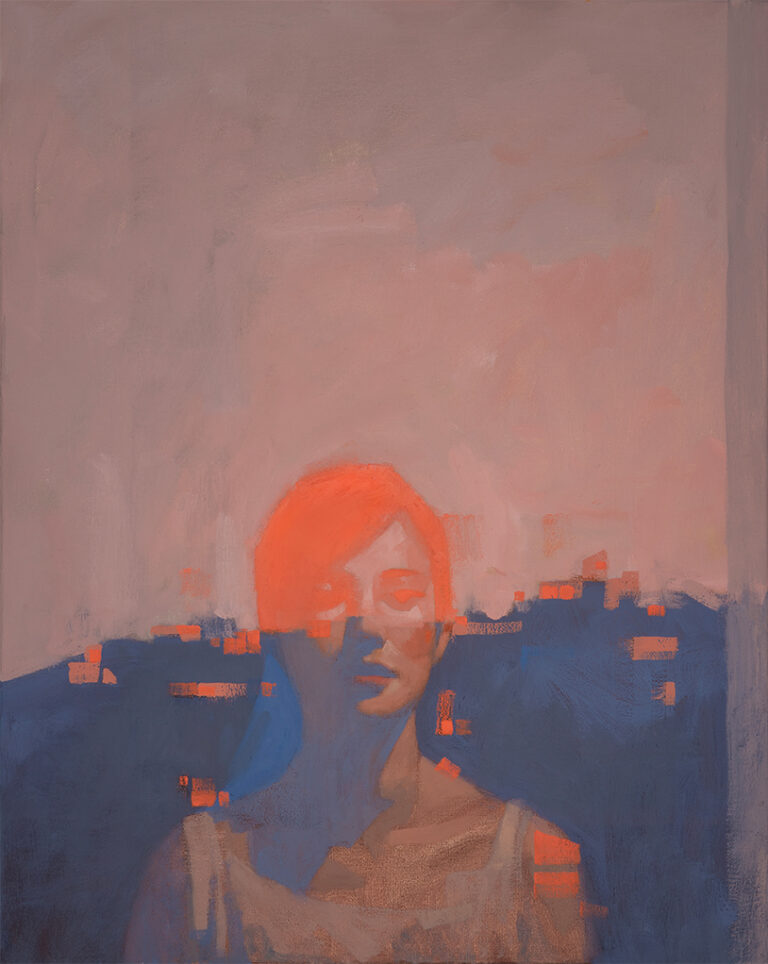 A painting of a woman looking out a window.