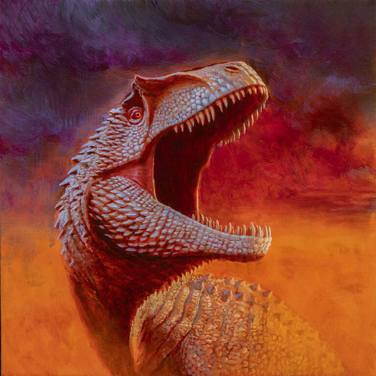 A painting of a red dinosaur head.