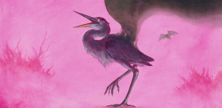 A painting of a blue bird on a pink background.