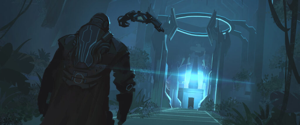 A digital illustration of a armored person walking into a blue fortress.