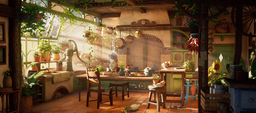 A digital illustration of a room withh many plants.