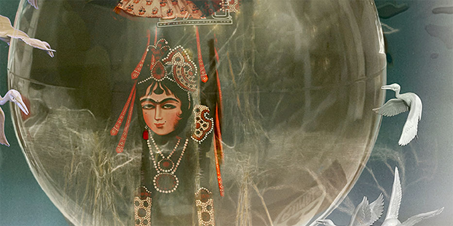 An image of a person with a headpiece surrounded by a bubble and white birds.