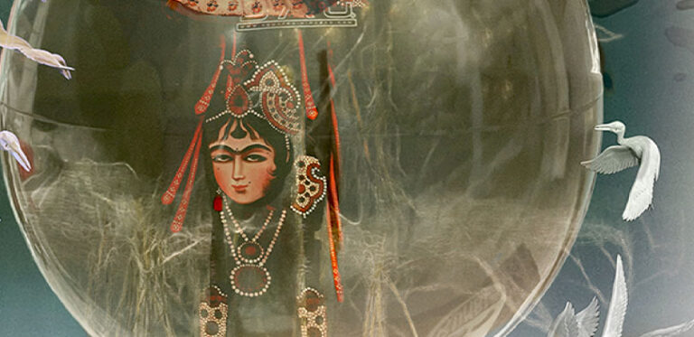 An image of a person with a headpiece surrounded by a bubble and white birds.