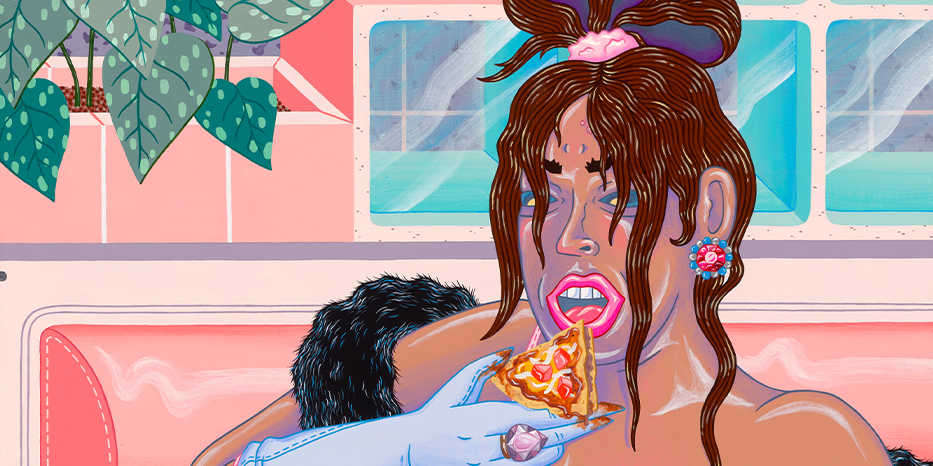 An illustration of a person eating pizza
