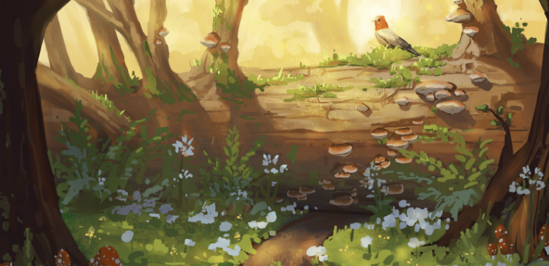 A digital painting of woods and a bird.