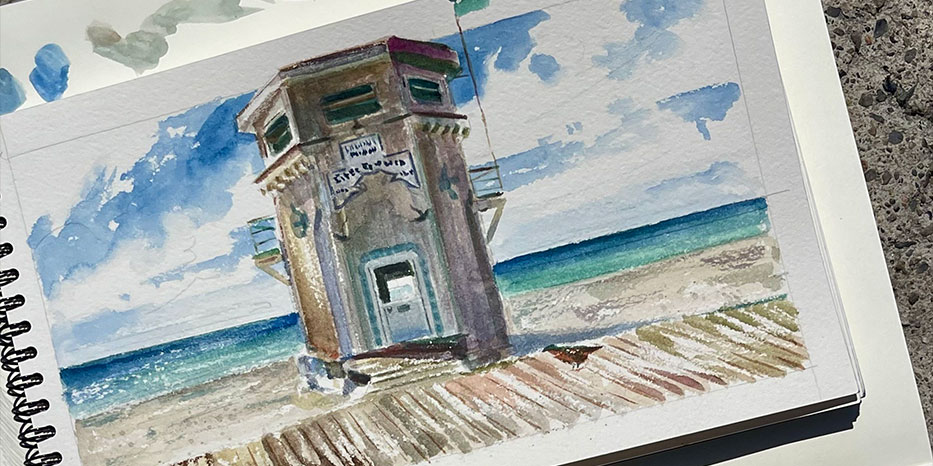 A watercolor painting of the Laguna Beach Lifeguard Tower.