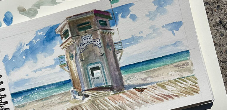 A watercolor painting of the Laguna Beach Lifeguard Tower.