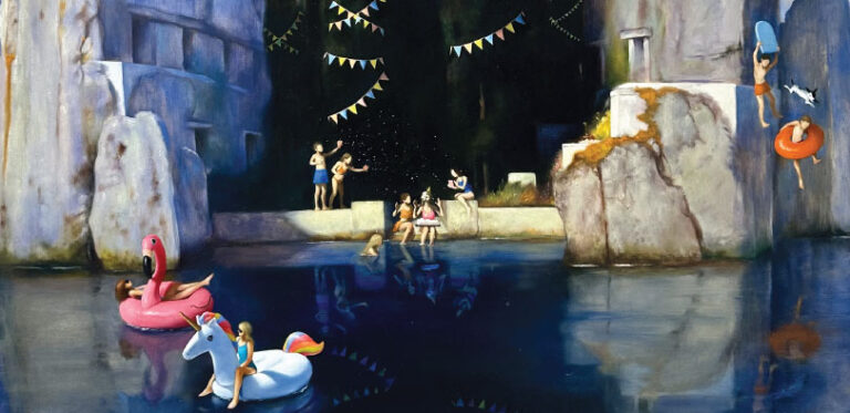 A painting of a body of water with a birthday party.