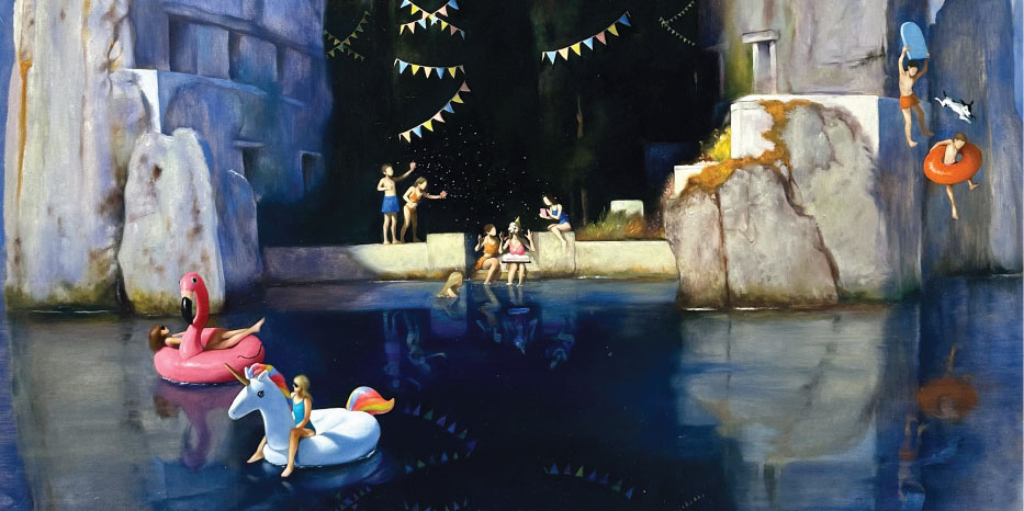 A painting of a body of water with a birthday party.