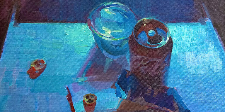 A painting of a can of coca cola and a cup with a blue background.