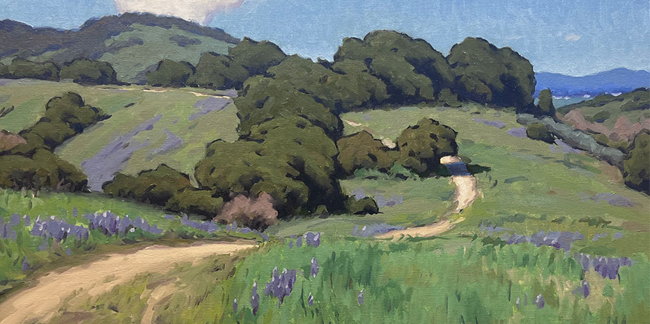 A painting of a green landscape.