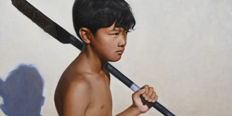 A painting of a boy with a spear.